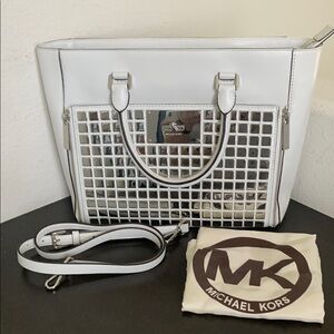 Michael Kors Silver and White Tote Bag with Geometric Design